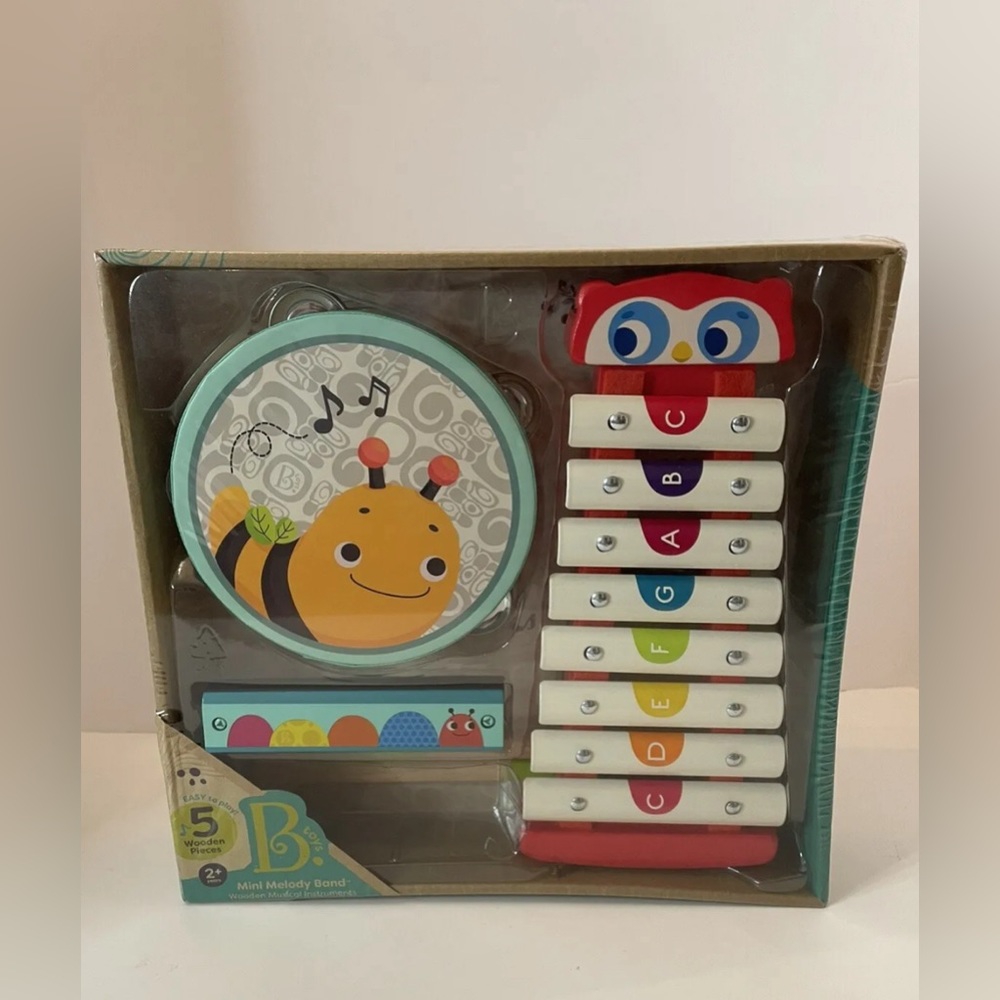 B. Toys Wooden Instruments Mini Melody Band Xylophone, Tambourine, Harmonica NEW